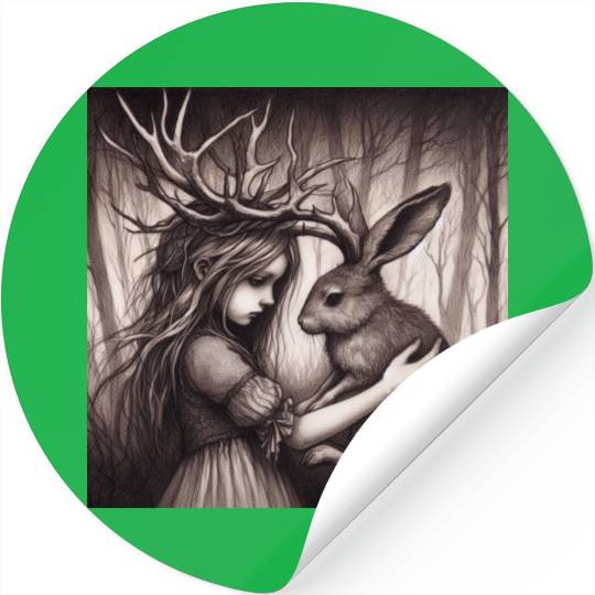 Illustration of Girl with Jackalope Stickers