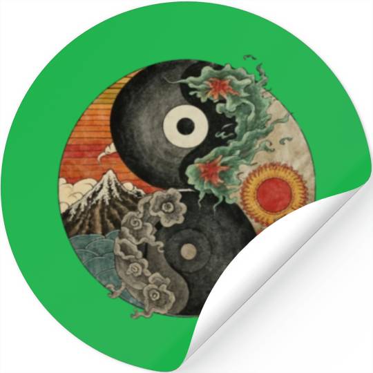 Yin and Yang shaped logo Japanese ink painting Stickers