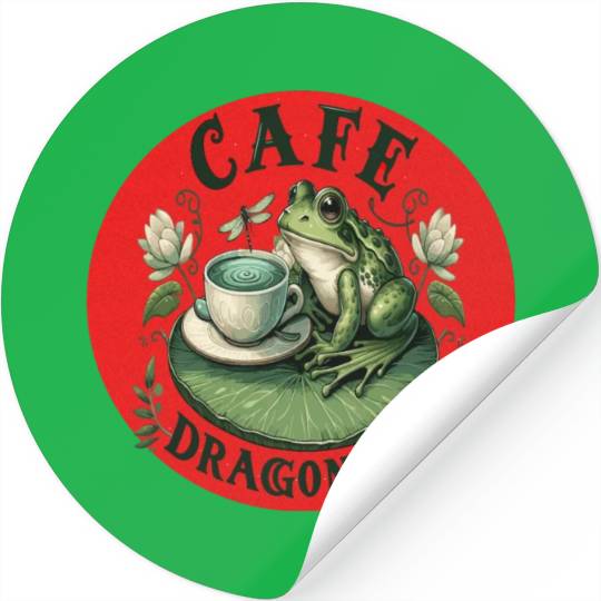 Cafe Dragonfly: Whimsical Serene Frog on Lily Pad Stickers