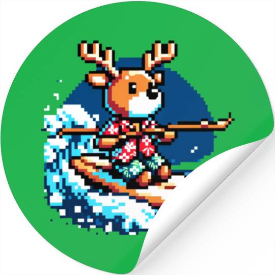 Surfing Reindeer: 8-Bit Holiday Wave Stickers