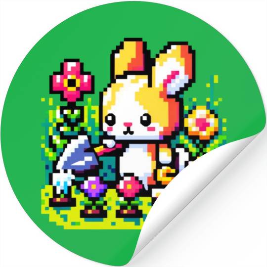 8-Bit Bunny Gardener: Retro Digital Garden Scene Stickers
