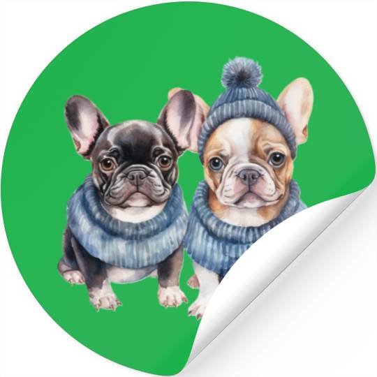 Winter Christmas Bulldogs with Blue Hats Stickers