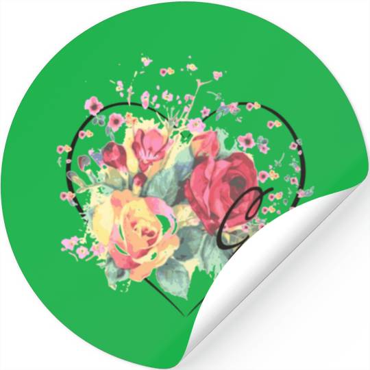 Letter E Monogram Floral Roses Heart Stickers