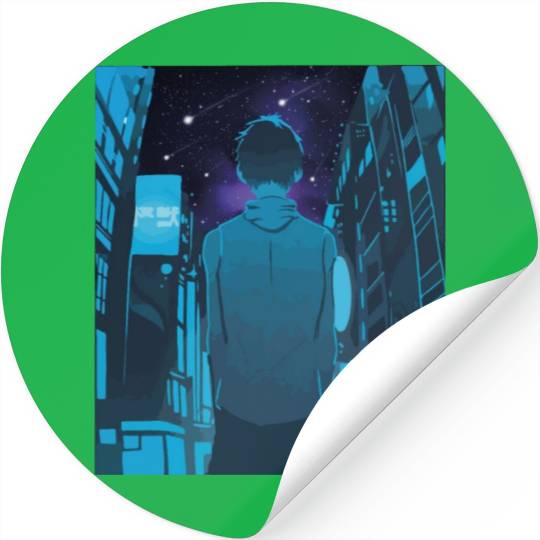 Nighttime NYC Stroll: Urban Boy Amid Skyscrapers Stickers