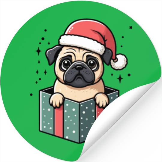 Pug In Present Dog Christmas Festive Santa Hat Stickers