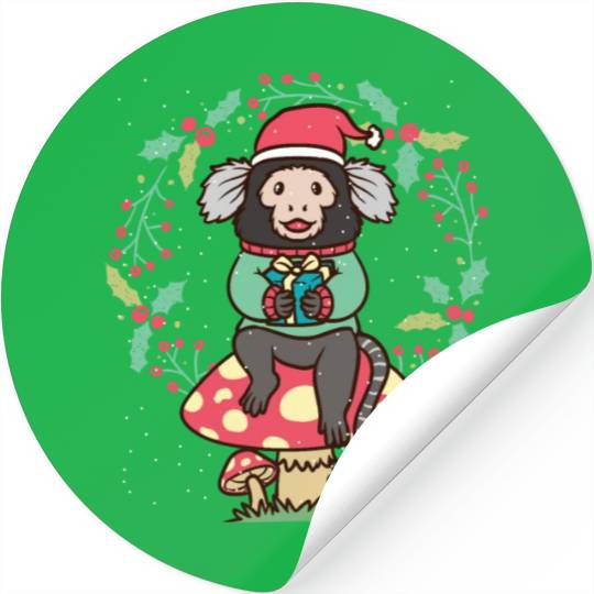 Marmoset Monkey On Mushroom Christmas Wreath Stickers