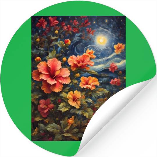 Colorful Hibiscus Under Starry Night Sky Stickers