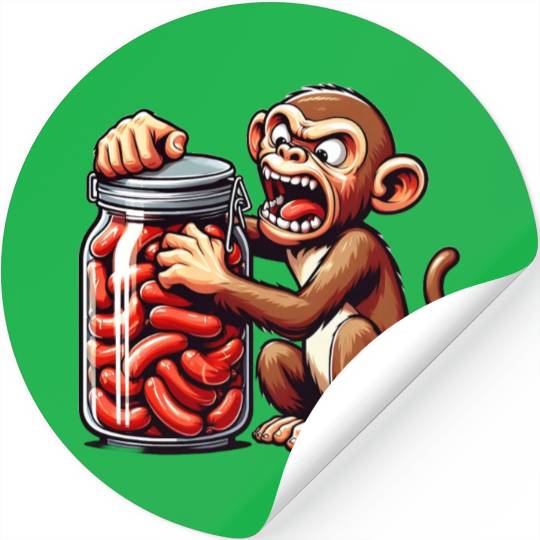Frustrated monkey with sausage jar Stickers