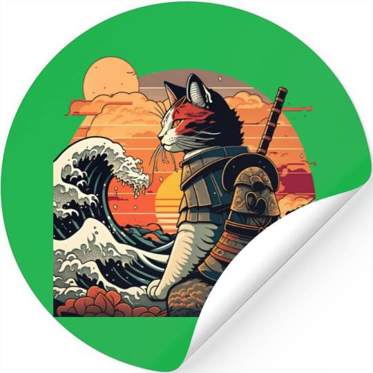 Samurai Cat vs The Great Wave Stickers