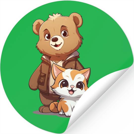 cute kitty cat and teddy bear in cartoon style Stickers