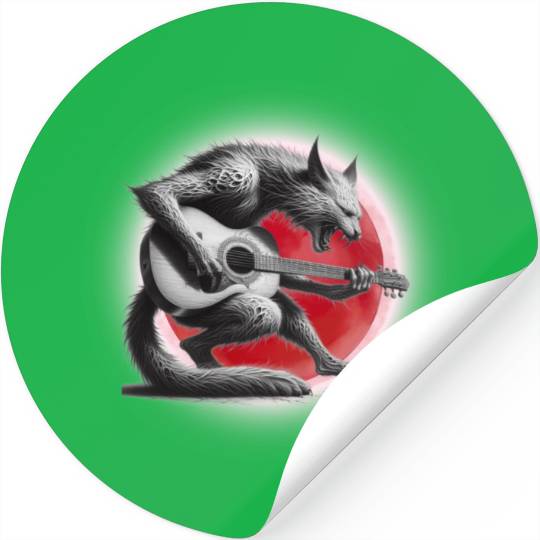Rock Cat Playing Guitar Stickers under the red moon