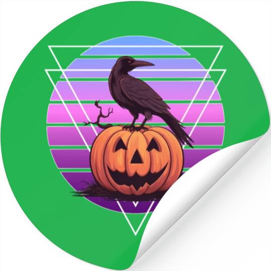 Raven Crow On Pumpkin Vaporwave Halloween Pagan Ae Stickers