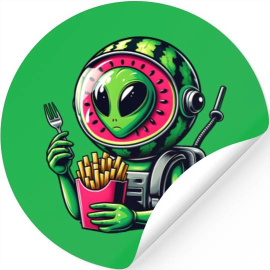 Alien with watermelon helmet eats fries Stickers