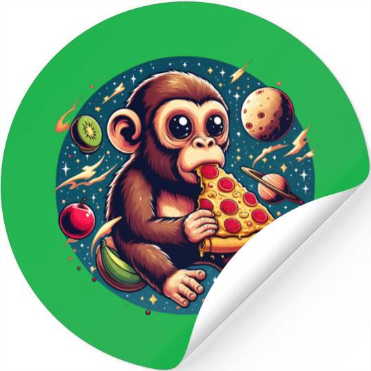 Space monkey enjoys pizza Stickers