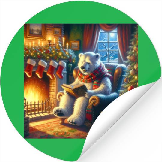 Winter Tales-Merry Cozy Bear Reading by Fireplace Stickers