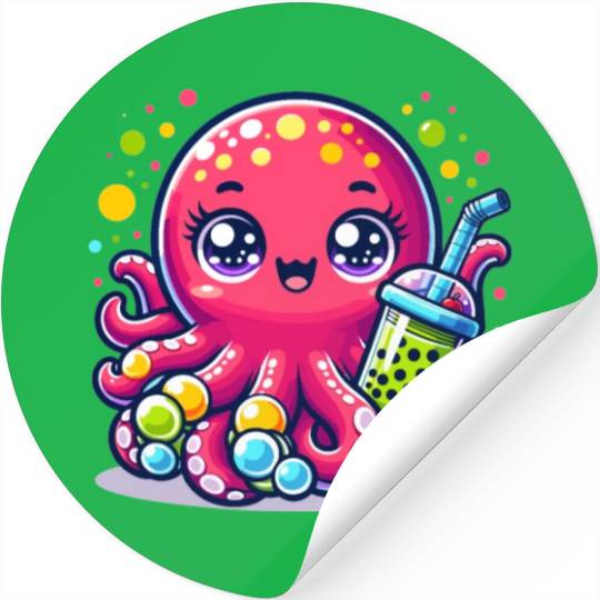 Kawaii Octopus With Bubble Tea Sea Ocean Boba Tea Stickers