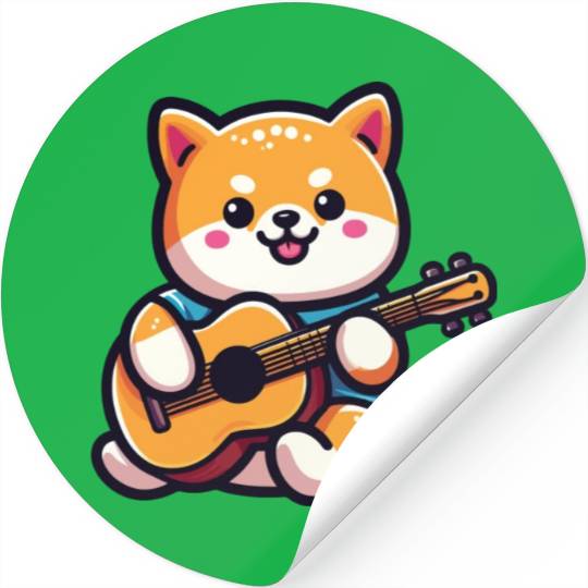 Cute Shiba Inu Playing Guitar Geek Cartoon Stickers