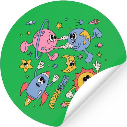 Solar System Planets Moon Sun Saturn Cute Groovy Stickers