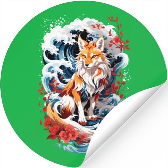 Fantasy Japanese Kitsune Fox with Flowers and Wave Stickers