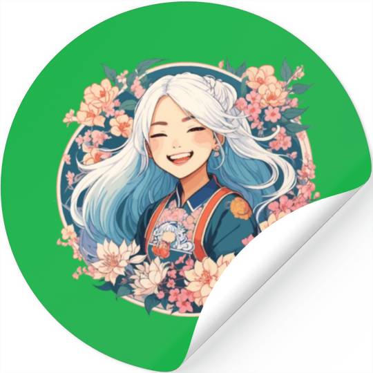 Happy Smile Pretty Japanese Anime Girl with Flower Stickers