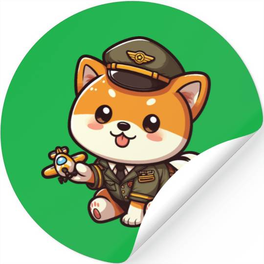 Cute Shiba Inu Pilot Playing Airplane Toys Stickers