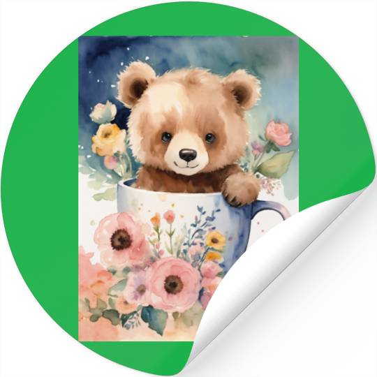 A cute bear baby in mug flowers around watercolor Stickers