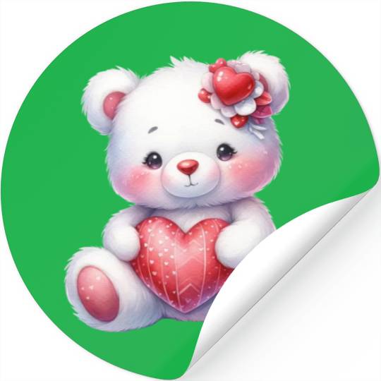 White Teddy Bear Love Valentine's Day Red Heart Stickers