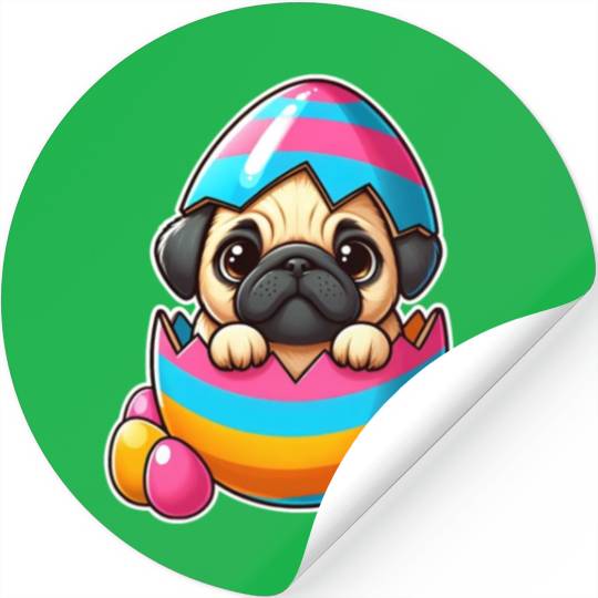 Easter pug hatches from colorful Easter eggs Stickers