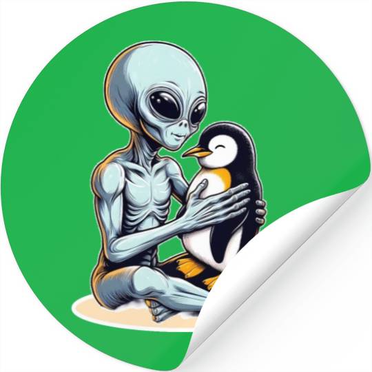 Alien Embracing Penguin Stickers