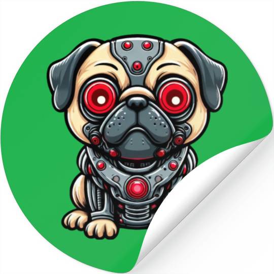 Cyborg Pug with Red Eyes Stickers