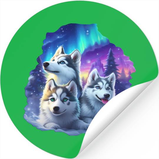 Husky family at night Stickers