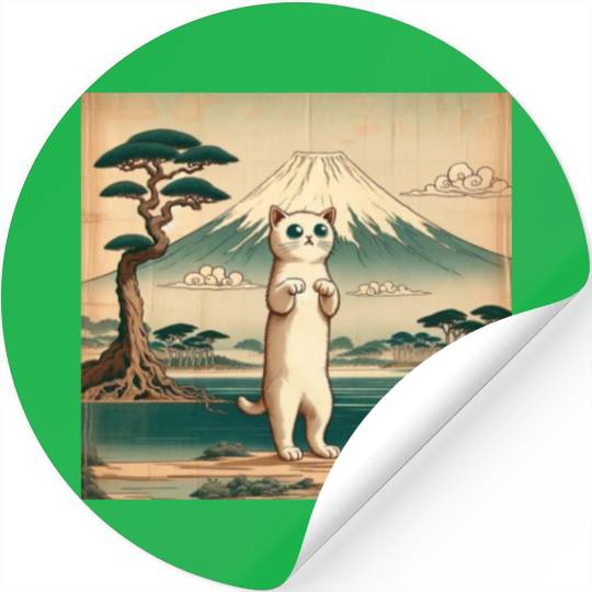 Mt. Fuji Kitten Papyrus Scroll Retro Japanese Art Stickers