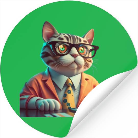 3D Business Cat Analyzes Charts - Design Stickers