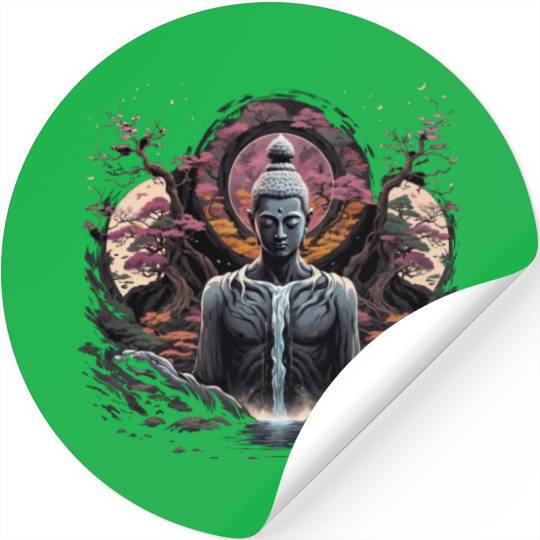 Buddha's Serenity: Cherry Blossom Waterfall Stickers