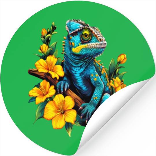 Chameleon on a Branch Surrounded by Flowers Stickers