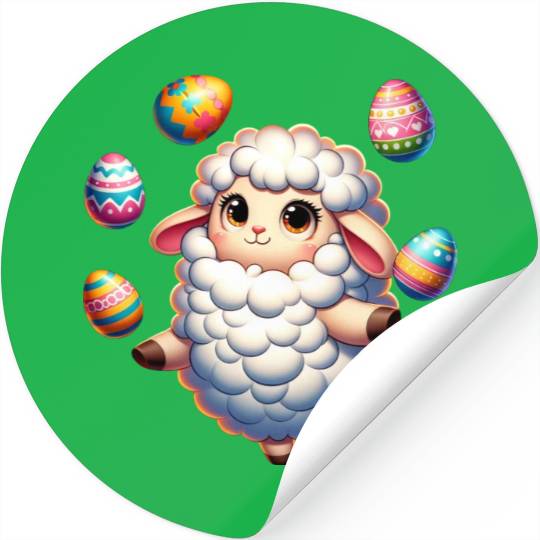 Colorful Easter Egg Juggling Lamb Cartoon Stickers
