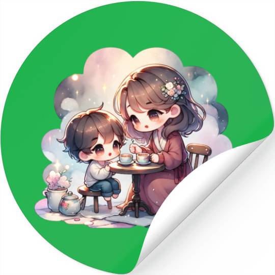 Mother and Son Enjoying a Cozy Tea Party Stickers