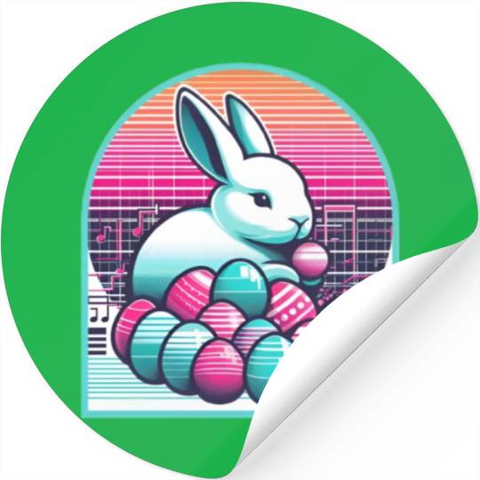Synthwave Easter Bunny with Eggs Stickers