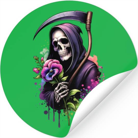 Grim Reaper Holding Sweet Pea flower Stickers