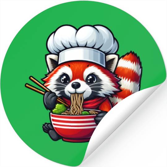 Kawaii Anime Red Racoon Eat Japanese Ramen Noodles Stickers