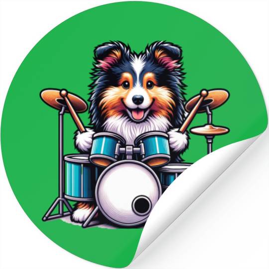 Cool Sheltie Puppy Drummer Design Stickers