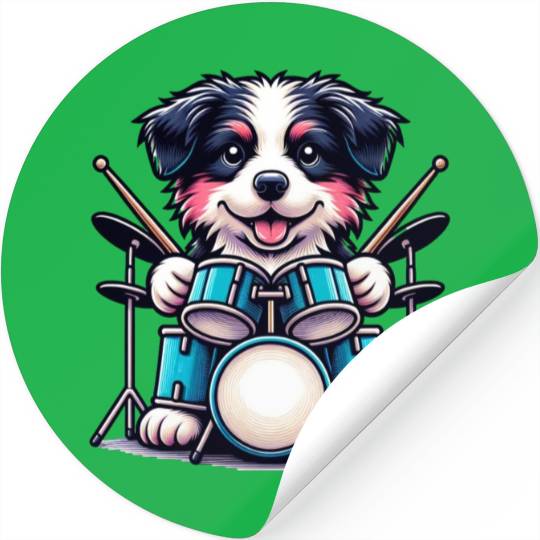 Cool Border Collie Drummer Puppy Design Stickers