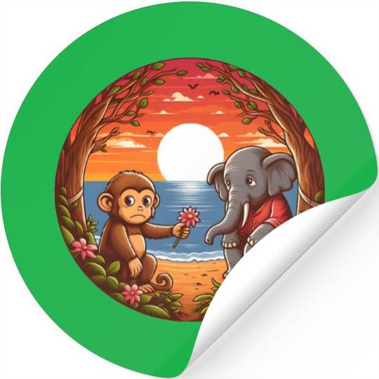 Monkey Gifting Flower to Shy Elephant Stickers