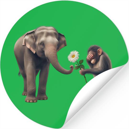 Monkey Gifting Flower to Shy Elephant Stickers