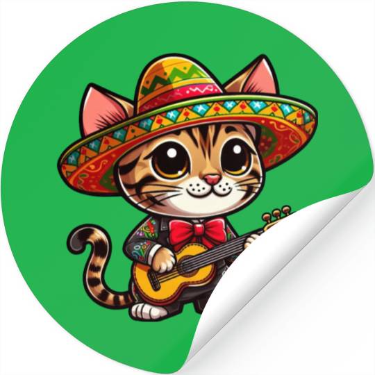 Bengal Cat as Mariachi Guitarist Cinco de Mayo Stickers