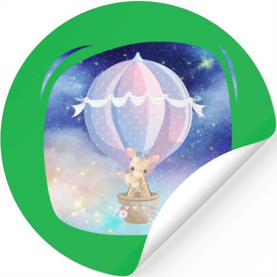 Giraffe And Child Flying Sky Using Hot Balloon Stickers