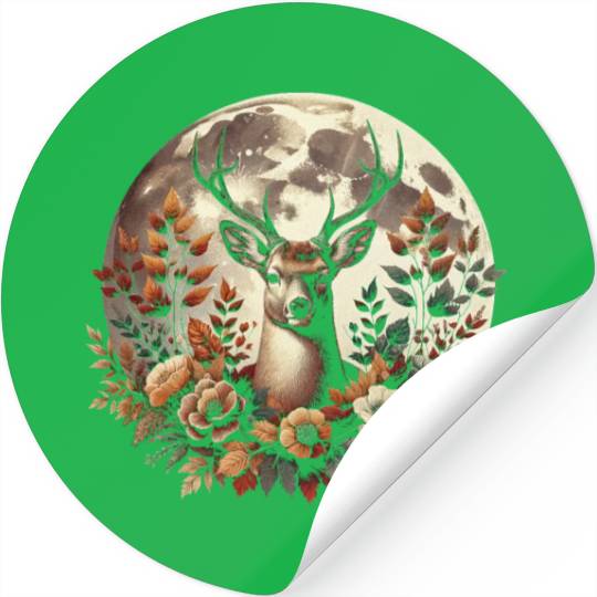 Cottagecore Deer With Flowers In front Of Moon Stickers