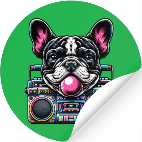 Frenchie Beats: French Bulldog with Music Boom Box Stickers