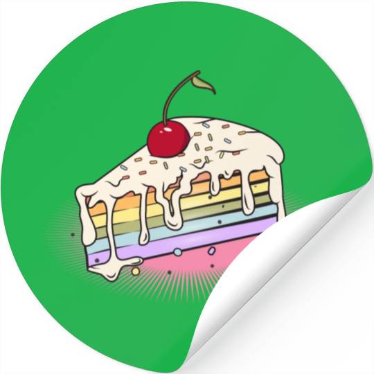 Piece of rainbow cake with cherry in comic style Stickers