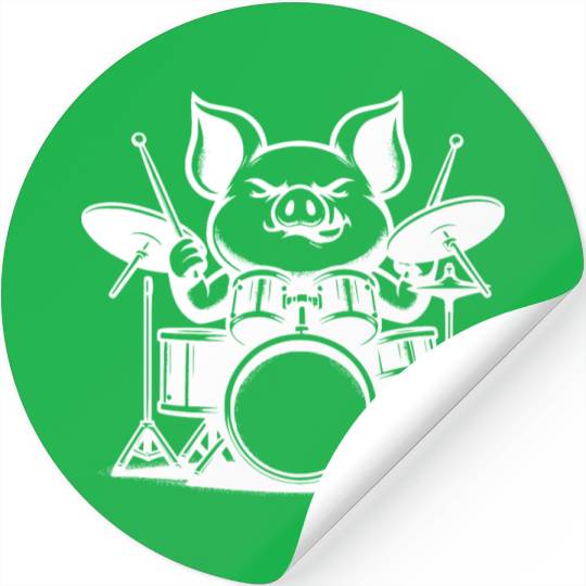 Pig Drummer Farm Beat White Design Stickers